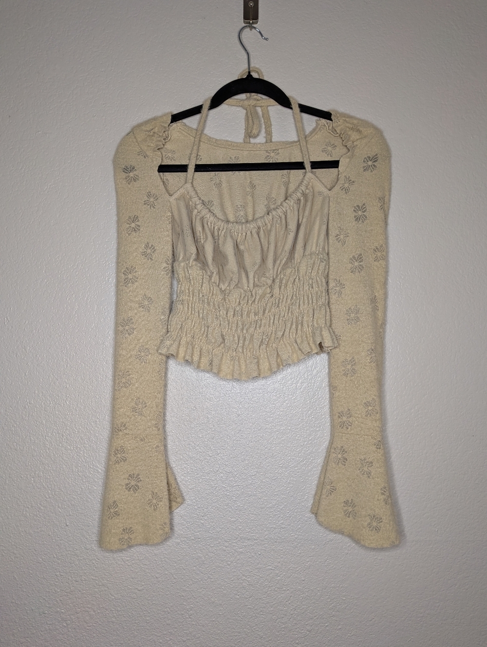 Cream Tan Floral Fuzzy Soft Smocked Milkmaid Renaissance Peasant Boho Crop Top S